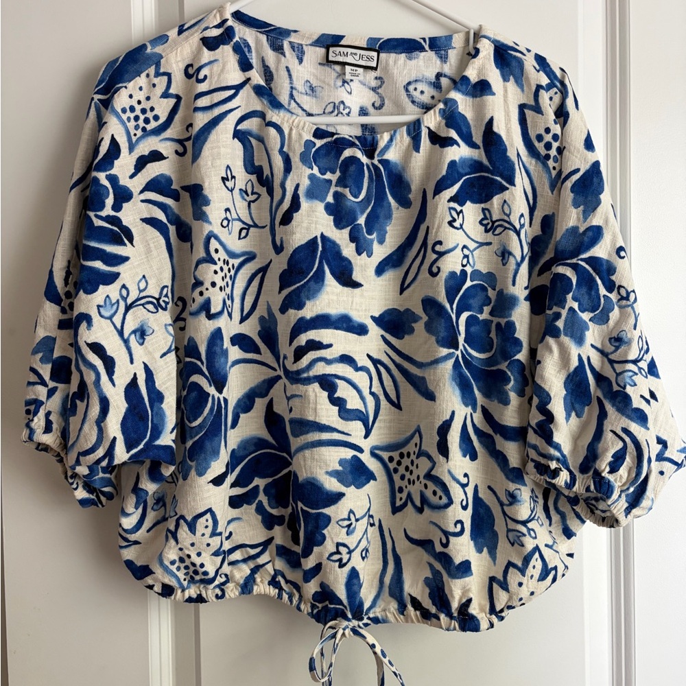 Sam & Jess Blue Floral Drawstring Hem Cropped Linen Blend Blouse